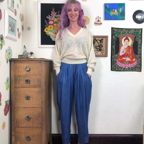 Vintage Pleated Baggy Jeans, High Waisted Tapered Leg Denim Trousers Sz S - Picture 10 of 10